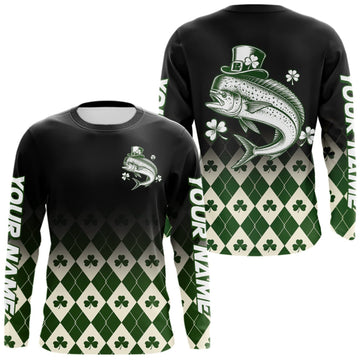 Maxcorners St. Patrick’S Day Mahi Mahi Fishing Shirt, Shamrock Argyle Long Sleeve Shirt For Anglers LM0609