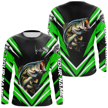 Maxcorners Largemouth Bass Fishing Long Sleeve Shirt Custom Green Black Fish Performance Jersey LM0410