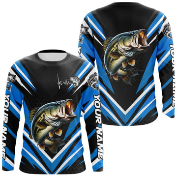 Maxcorners Largemouth Bass Fishing Long Sleeve Shirt Custom Blue Black Fish Performance Jersey LM0410