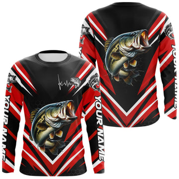 Maxcorners Largemouth Bass Fishing Long Sleeve Shirt Custom Red Black Fish Performance Jersey LM0410
