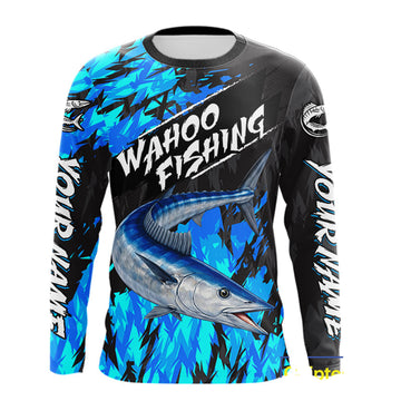 Maxcorners Personalized Wahoo Blue Long Sleeve Performance Fishing Shirts, Fishing Shirt For Men  LM0402