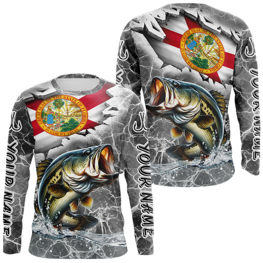 Maxcorners Florida Largemouth Bass Camo Gray Custom Long Sleeve Performance Fishing Shirts, Florida Flag Fishing Jerseys LM0404