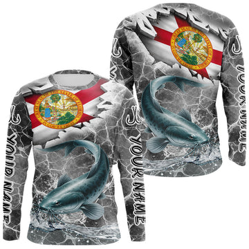 Maxcorners Florida Catfish Camo Gray Custom Long Sleeve Performance Fishing Shirts, Florida Flag Fishing Jerseys LM0404