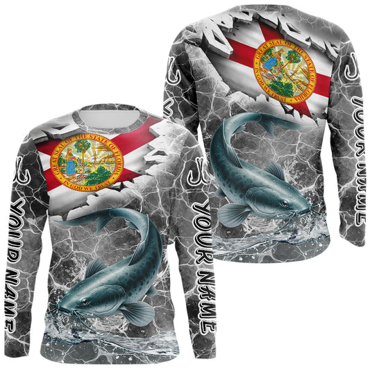 Maxcorners Florida Catfish Camo Gray Custom Long Sleeve Performance Fishing Shirts, Florida Flag Fishing Jerseys LM0404