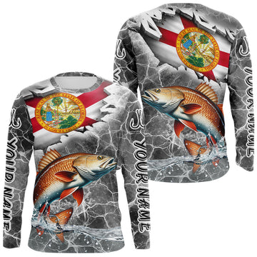 Maxcorners Florida Redfish Camo Gray Custom Long Sleeve Performance Fishing Shirts, Florida Flag Fishing Jerseys LM0404