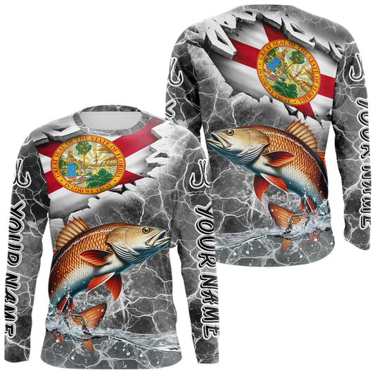 Maxcorners Florida Redfish Camo Gray Custom Long Sleeve Performance Fishing Shirts, Florida Flag Fishing Jerseys LM0404
