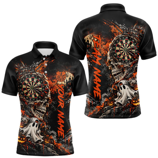 Maxcorners Skull Ghost Pumpkin Dartboard Polo 1/4-Zip Shirt For Men Custom Spooky Darts Team Tournament Jersey LM0510