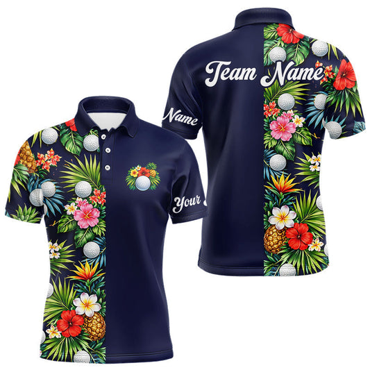 Maxcorners Mens Golf Polo Shirt Green Tropical Flower Leaves Custom Name Golf Polo Shirts, Golfing Gift