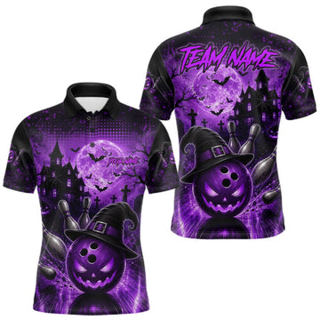 Maxcorners Halloween Bowling Shirt Personalized Purple Pumpkin Bowling Shirt For Men Team Name LM1508