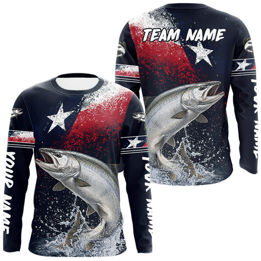 Maxcorners Custom Vintage Chinook Salmon Long Sleeve Patriotic Fishing Shirt For Men, Salmon Texas Flag Fishing Shirt LM1904
