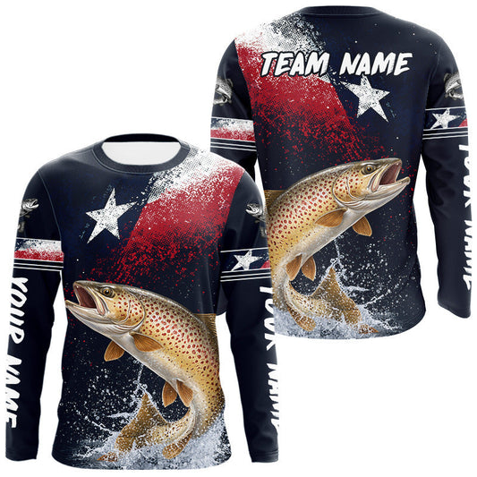 Maxcorners Custom Vintage Brown Trout Long Sleeve Patriotic Fishing Shirt For Men, Trout Texas Flag Fishing Shirt LM1904