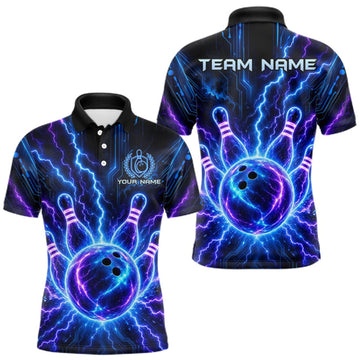 Maxcorners Electric Circuit Lightning Tournament Polo Shirt Custom Name, Personalized Bowling Team Shirts For Men LM2709
