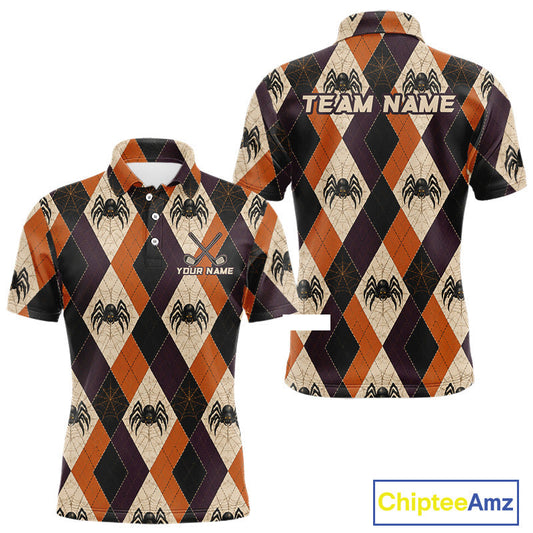 Maxcorners Personalized Halloween Spider Argyle Golf Polo Shirt for Men, Custom Team Jersey