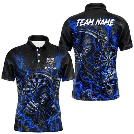 Maxcorners Grim Reaper Darts Polo Shirt For Men Custom Quarter Zip Blue Blood Dart Board Tournament Jersey