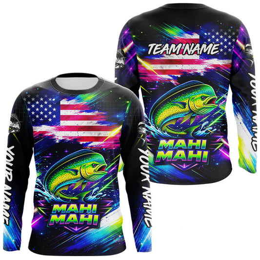 Maxcorners Personalized Mahi Mahi Fishing Jerseys, Custom American Flag Fishing Shirts Long Sleeve For Men LM2603