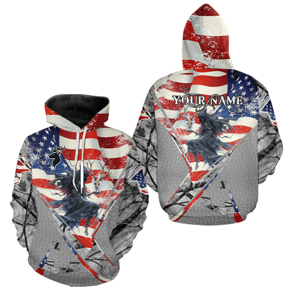 Maxcorners Deer Hunting 3D US Flag Camo Gray Grim Reaper Deer Skull Full Printing Custom Name Shirt LM0910
