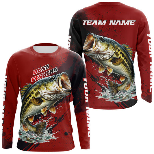 Maxcorners Bass Fishing Red Camo Custom Name UV Protection Fishing Shirts Long Sleeve For Men LM1203