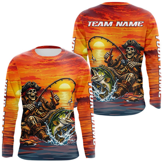 Maxcorners Skeleton Bass Fishing Shirts Long Sleeve – Sunset Fisherman Skull Design, Funny Fishing Gift For Anglers LM1203