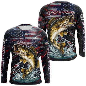 Maxcorners Personalized US Flag Walleye Fishing Shirts Long Sleeve, Patriotic Walleye Fishing Apparel LM2602