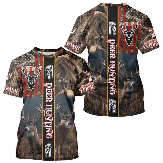 Maxcorners Whitetail Deer Camouflage US Flag Personalized Hunting Shirts, Hoodie Hunting Gift