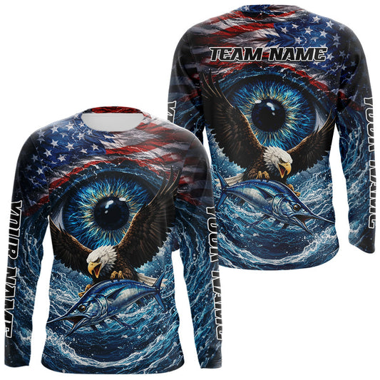 Maxcorners USA Eagle Marlin Fishing Shirt Long Sleeve – Custom Name Patriotic Ocean Eye Design LM2901
