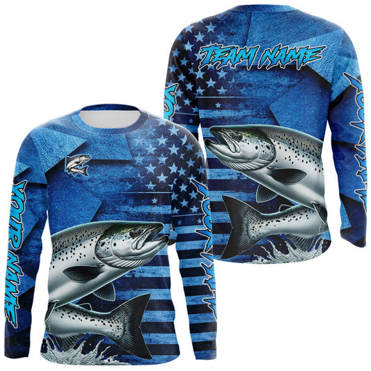 Maxcorners Chinook Salmon Fishing Shirts Long Sleeve With American Flag, Personalized Salmon Fishing Gift For Father Days LM0404