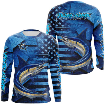 Maxcorners Marlin Fishing Shirts Long Sleeve With American Flag, Personalized Marlin Fishing Gift For Father Days LM0404