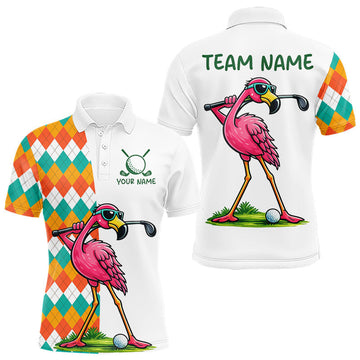 Maxcorners Funny Flamingo Mens Golf Polo Shirts Colorful Argyle Pattern Custom Name, Golf Gifts