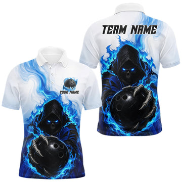 Maxcorners Blue White Grim Reaper Bowling Shirt For Men Custom Team League Bowling Jersey Polo, 1/4 Zip LM0510
