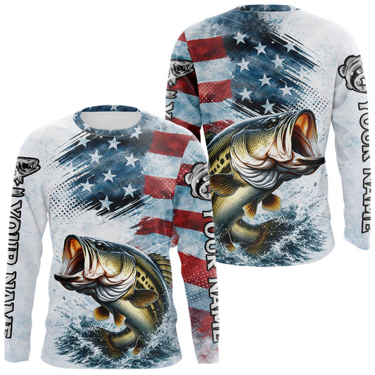 Maxcorners American Flag Custom Bass Fishing Shirts Long Sleeve, Patriotic Fishing Shirt LM0503