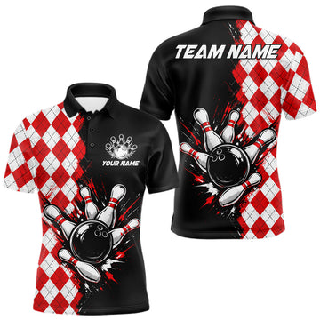 Maxcorners Retro Black Red Argyle Pattern Bowling Shirts For Men Custom Bowling Team Jerseys Bowler Outfits