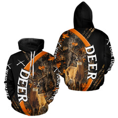 Maxcorners Whitetail Deer Hunting Shirt Custom Name Orange Autumn Leaves Camo, Season Hunting Hoodies For Men