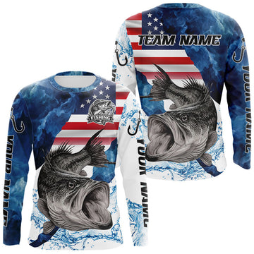 Maxcorners Blue Camo Bass Fishing American Flag Fishing Shirt, Bass Fishing Shirts Long Sleeve LM1203