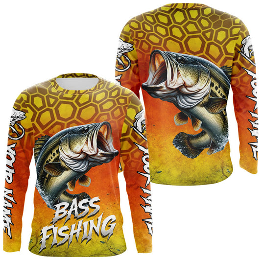 Maxcorners Personalized Bass Fishing Long Sleeve Fishing Shirt Yellow Camo, Bass Fishing Shirts
 LM1203