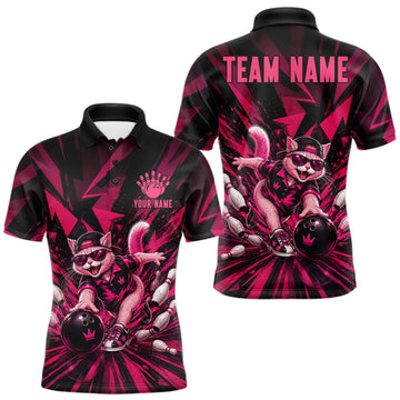 Maxcorners Funny Pink Cat Custom Polo & 1/4 Quarter Zip Bowling Shirts For Men, Cat Bowling Team Outfits