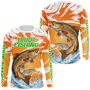 Maxcorners Big Brown Trout Fishing Shirts Long Sleeve Orange Camo Custom Name, Tournament Fishing Jerseys LM2602