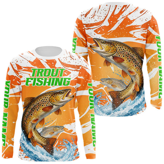 Maxcorners Big Brown Trout Fishing Shirts Long Sleeve Orange Camo Custom Name, Tournament Fishing Jerseys LM2602