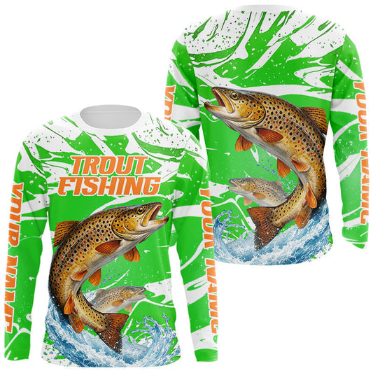 Maxcorners Big Brown Trout Fishing Shirts Long Sleeve Green Camo Custom Name, Tournament Fishing Jerseys LM2602
