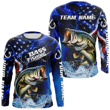 Maxcorners Custom American Flag Bass Long Sleeve Fishing Shirts, Patriotic Blue Flame Bass Fishing Jerseys LM1508