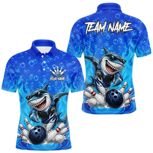 Maxcorners Custom Funny Blue Shark Bowling Polo Shirts For Men, Shark Bowling Team Shirt LM1508