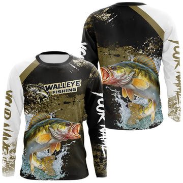 Maxcorners Green Camo Custom Walleye Fishing Shirts Long Sleeve, Walleye Fishing Jerseys LM2602