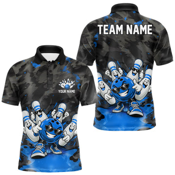 Maxcorners Custom Funny Bowling Shirts For Men Bowling Team Jersey Polo & Quarter Zip Bowling League|Blue LM0410