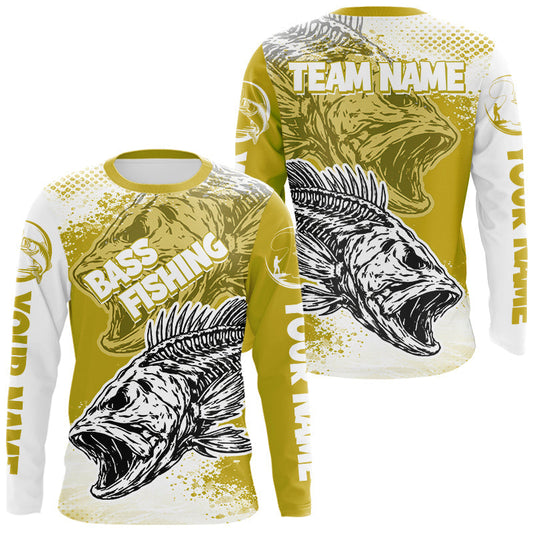 Maxcorners Yellow Camo Bass Fishing Jerseys For Fishing Team, Bass Skeleton Fishing Shirts Long Sleeve LM2602