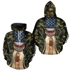Maxcorners Patriotic Green Camo Deer Hunting Shirt – American Flag Whitetail Buck, Custom Name for Men LM2608