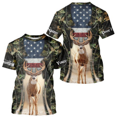 Maxcorners Patriotic Green Camo Deer Hunting Shirt – American Flag Whitetail Buck, Custom Name for Men LM2608