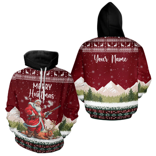 Maxcorners Funny Ugly Pattern Santa Deer Hunting Customized Name All Over Print Shirts for Hunter LM1411