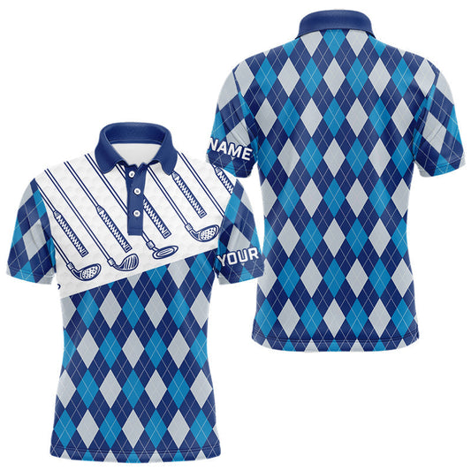 Maxcorners Blue Argyle Golf Polo Shirt For Men Plaid Pattern Custom Name, Golfer Gifts