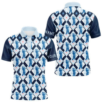 Maxcorners Blue Argyle Golf Polo Shirt For Men, Golf Friends Shirt, Blue Retro Golf Outfits LM1903