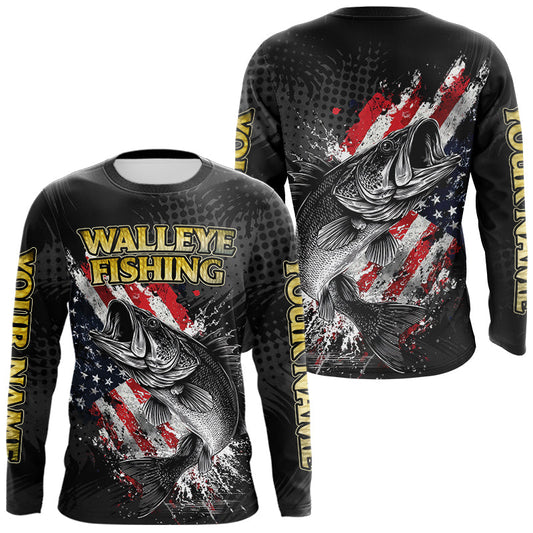 Maxcorners Walleye Custom Made Fishing Shirts, American Flag Walleye Fishing Shirts Long Sleeve LM0503