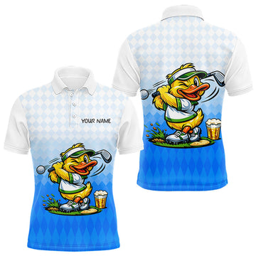 Maxcorners Funny Duck Golf Polo Shirt For Men, Cute Duck With Beer Print Shirt, Sporty Animal Golf Gift|Blue LM1904